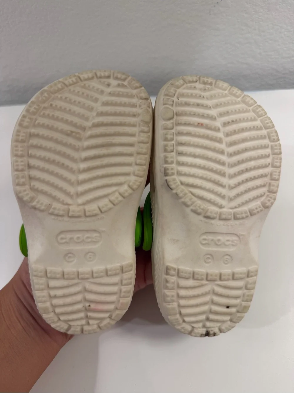 CROCS White Kids Clogs with Bright Green Monster Accents